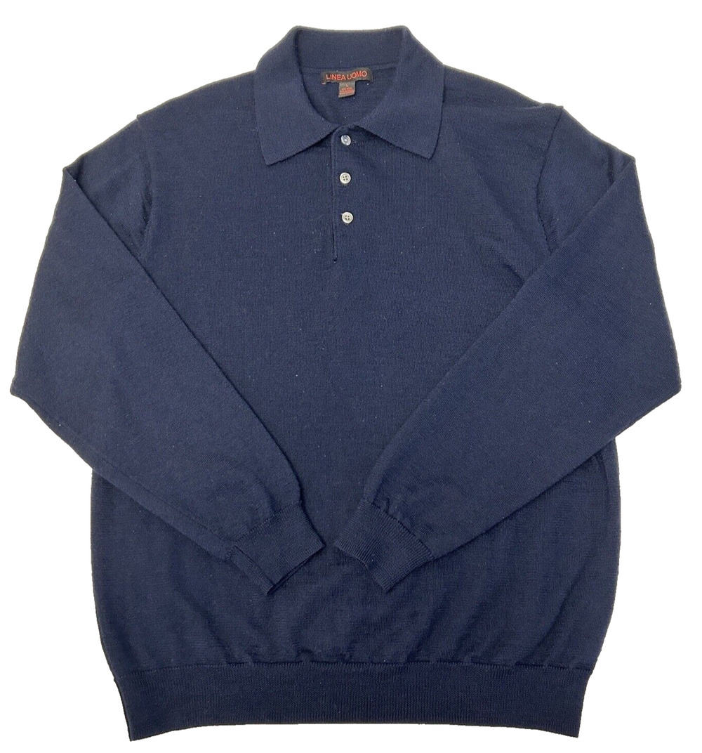 LINEA UOMO Men's Pullover Sweater Size L Wool Blend 1/4 Buttoned Collar Blue